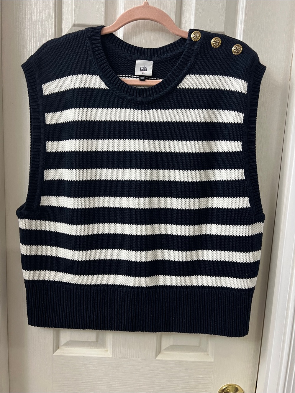 CAbi Navy & White Striped Sleeveless Sweater with Gold Buttons